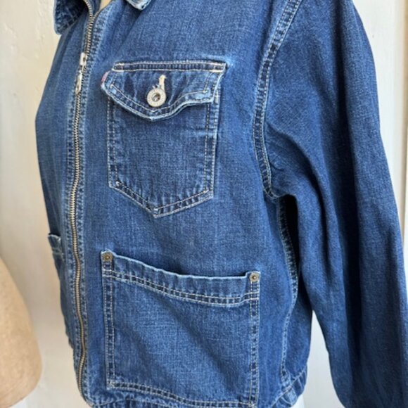 Vintage 90s Levis Dry Goods Denim Cropped Zip Front Jean Jacket w Pockets Size L - Picture 5 of 7
